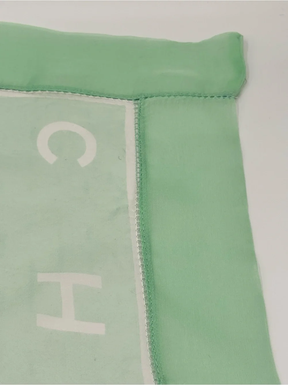 Vintage CHANEL 100% Silk Scarf Mint Green Logo CC Letter Print Made in Italy